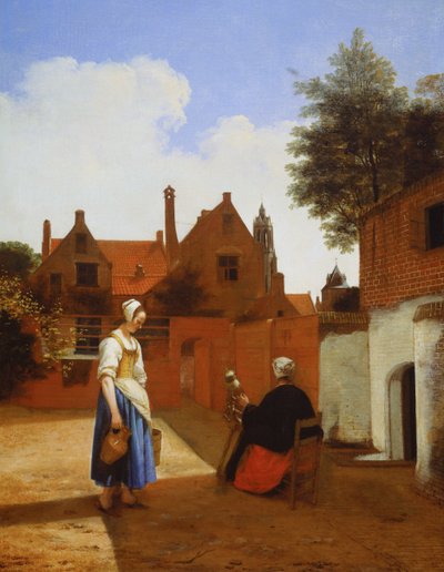 Hof in Delft am Abend - eine Frau spinnt von Pieter de Hooch
